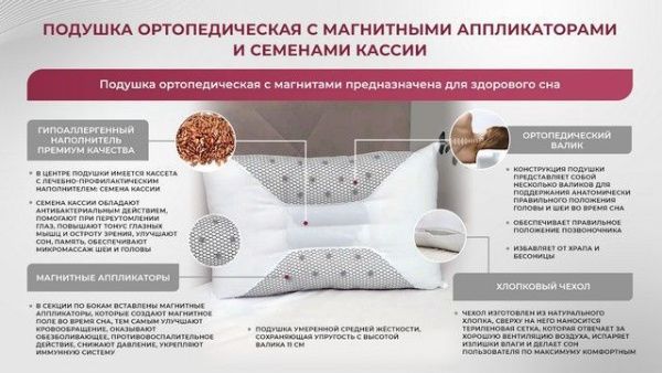 Подушка ортопедическая с магнитными аппликаторами и семенами кассии (синяя)